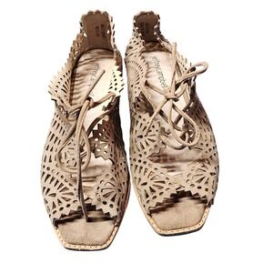 Jeffrey Campbell Laser Cut Suede Lace Up Peep Toe Wedge Sandal Tan Women Size‎ 7